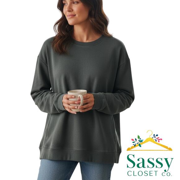 Sage Collective Olive Green Sweatshirt Top M Pockets Super Soft EUC ✨ - Picture 1 of 7